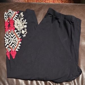 Johnny Was Black Pants with Red and Cream Embroidery